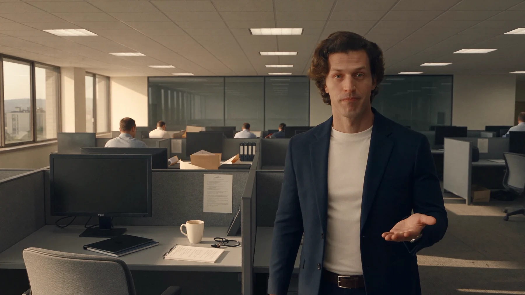 The man from the DemoSix commercial standing beside an empty desk in an open-plan office