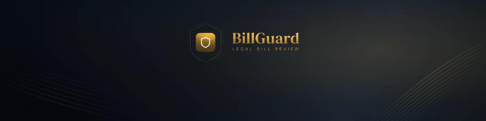 BillGuard brand banner — a gold shield crest beside the BillGuard wordmark and the line Legal Bill Review, over a deep navy field