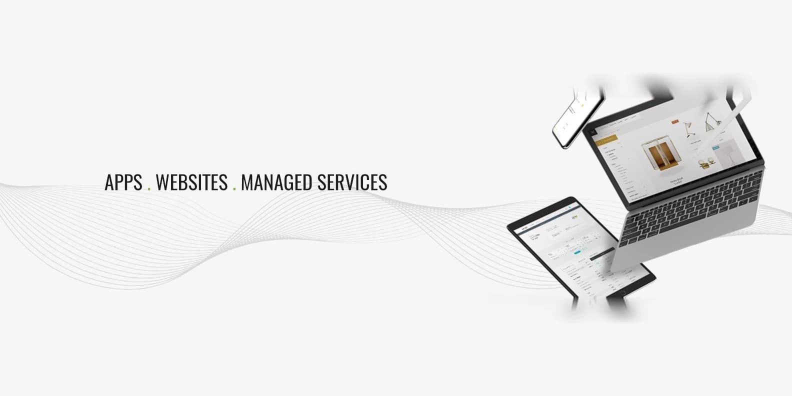 ITW brand banner — the line Apps, Websites, Managed Services beside a laptop, a tablet and a phone showing websites the firm built, over a pale grey field