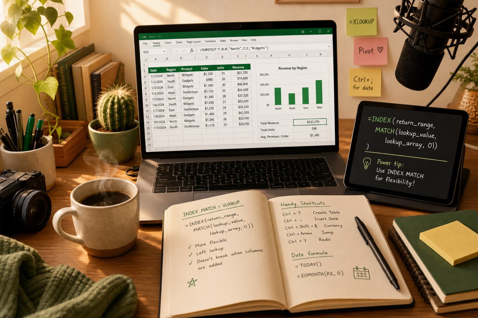 Warm home office desk with a laptop showing Excel, an open notebook with handwritten formula notes, coffee, and a microphone