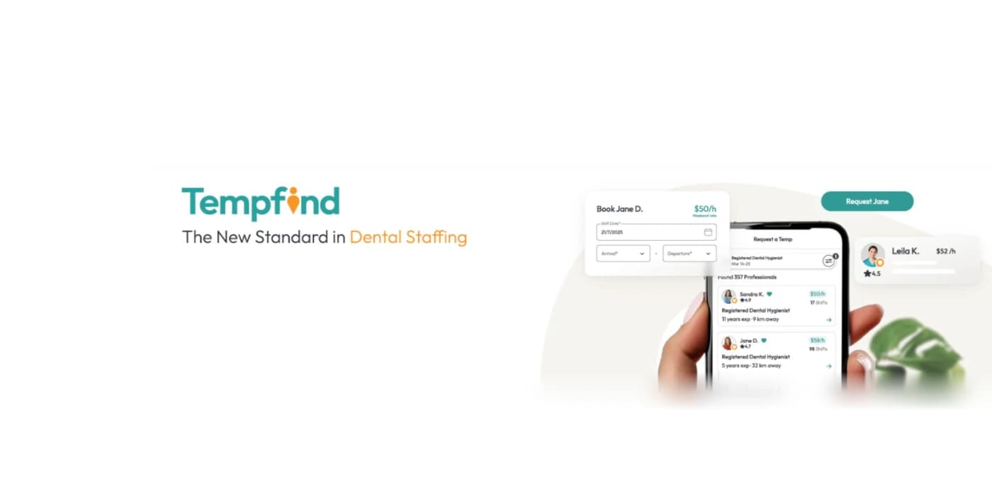 Tempfind brand banner — the Tempfind wordmark above the line The New Standard in Dental Staffing, beside a phone showing a list of dental professionals to request